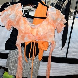 Orange and white wrap crop top (fits small)